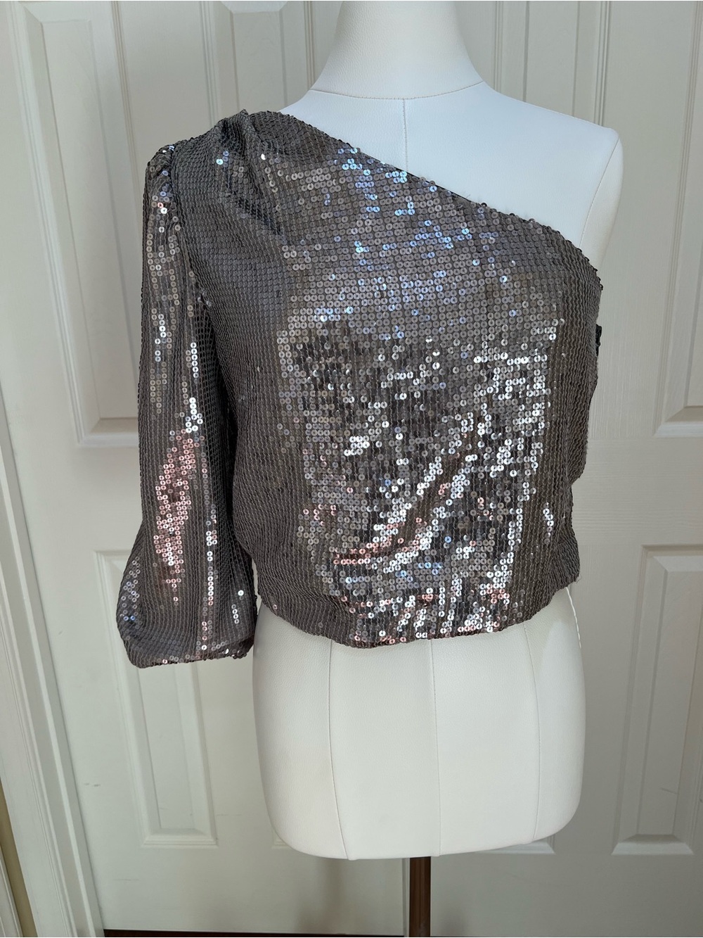 Alice + Olivia Silver Sequined One Shoulder Blouse